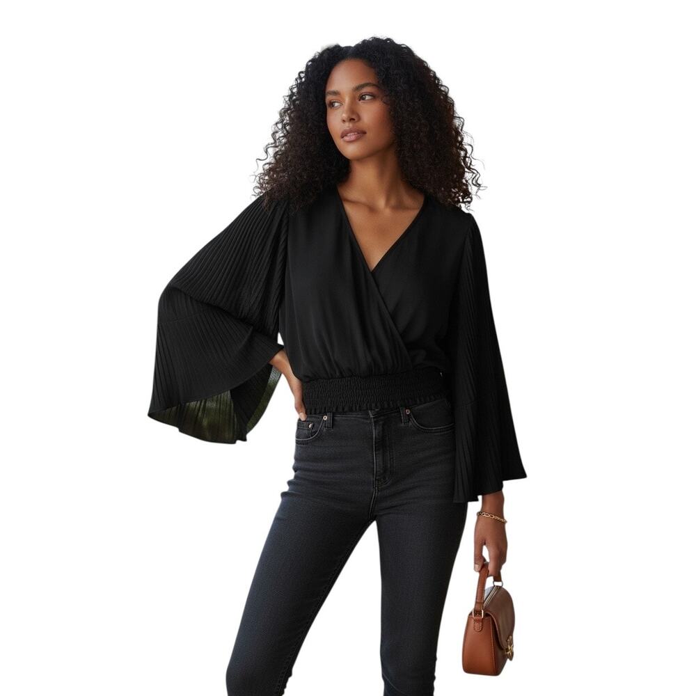 Vince Camuto Women Black Pleated Sleeves V-Neck Blouse Size XS - NWT MSRP $89